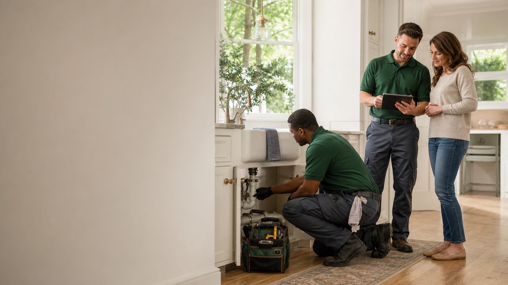 Professional plumbing team speaking with a homeowner in a bright North Carolina home